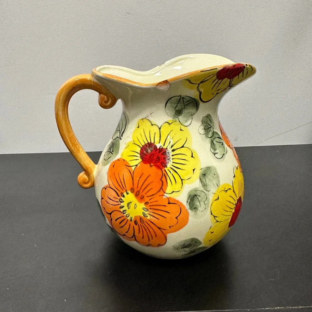 Vintage Floral Ceramic Pitcher Cream Yellow Orange Flowers Kitchen Decor‎